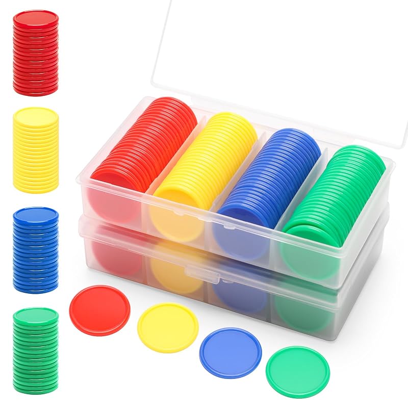 1.5" Plastic Learning Counters with Storage Box, 200 PCs 4 Colors (Green Red Blue Yellow) Educational Counting Chips