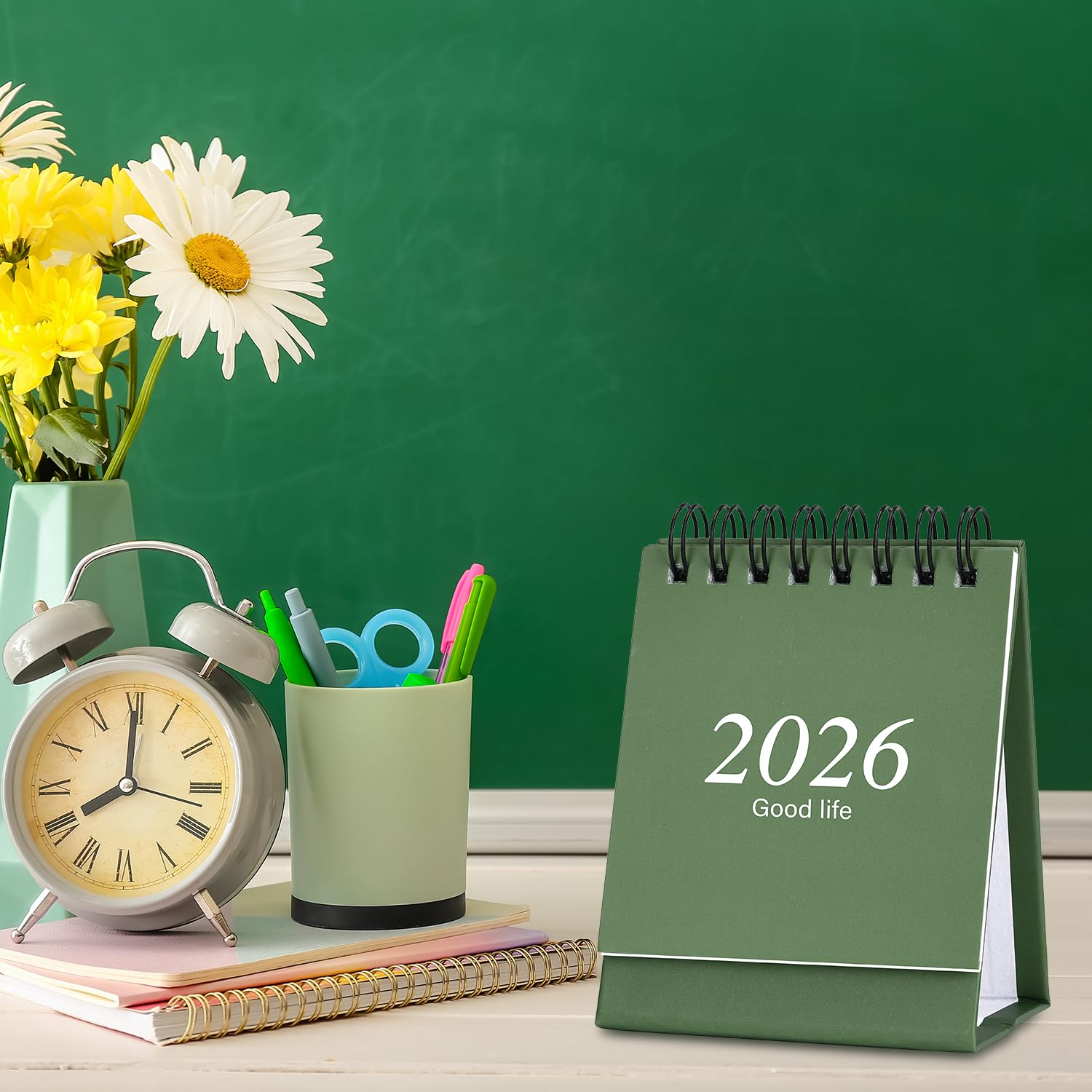 Mini Desk Calendar 2026-2027, January 2026 until July 2027, Small Desk Calendar Standing Flip Monthly Calendar Twin-Wire Binding with Stickers for Home Office School (Green)