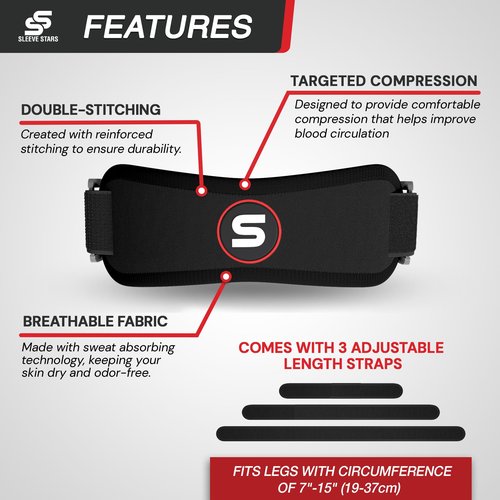 Sleeve Stars Swedish Brand Patellar Tendon Support Strap for Women & Men Effective Osgood Schlatter Knee Brace Youth & Kids Knee Brace with 3 Adjustable Length fits 7"-15" (Single/Black/Kids)
