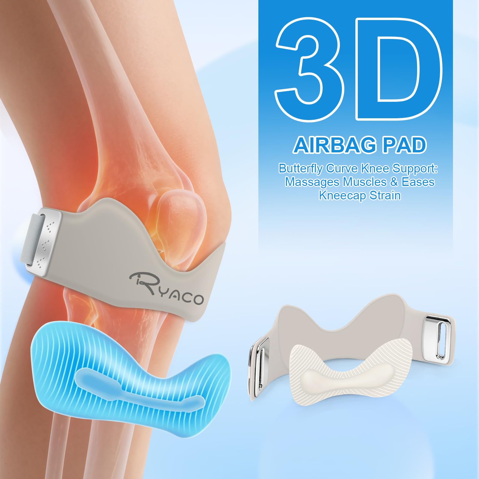 RYACO Patellar Tendon Support Strap 2 Pack, Silicone Patella Band for Knee Pain Relief, Adjustable Knee Brace for Women Men, Non-Slip Knee Support Knee Bands for Basketball Tendonitis Running Soccer Gym