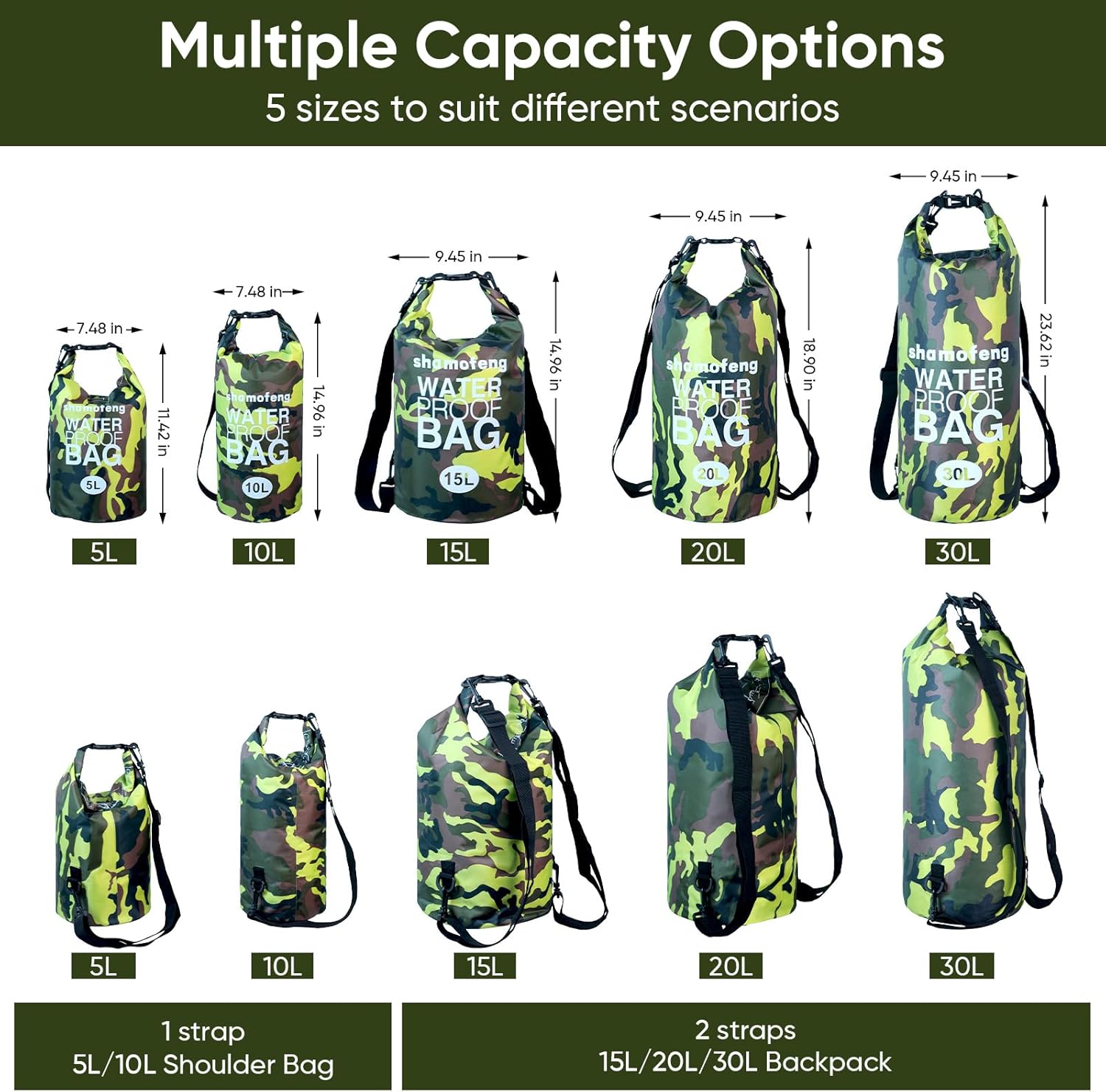 Skiennix Waterproof Dry Bag - Roll Top Dry Storage Backpack with Phone Case & Collapsible Bottle | Green 5L