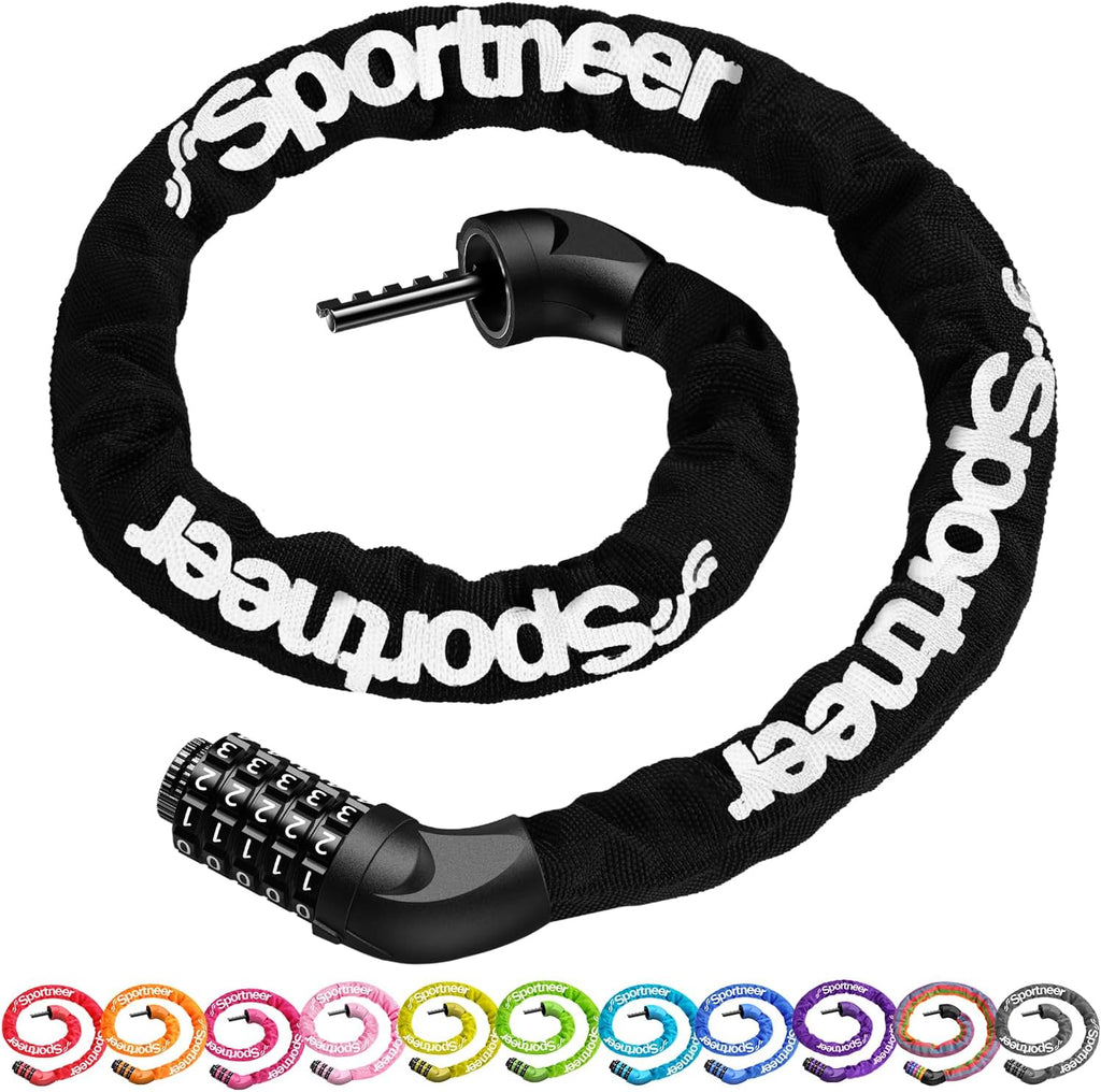 Sportneer Bike Lock - High Security 5-Digit Combination Chain Lock | Keyless Design, 3.2/3.6/4ft Length, 4/6mm Thickness