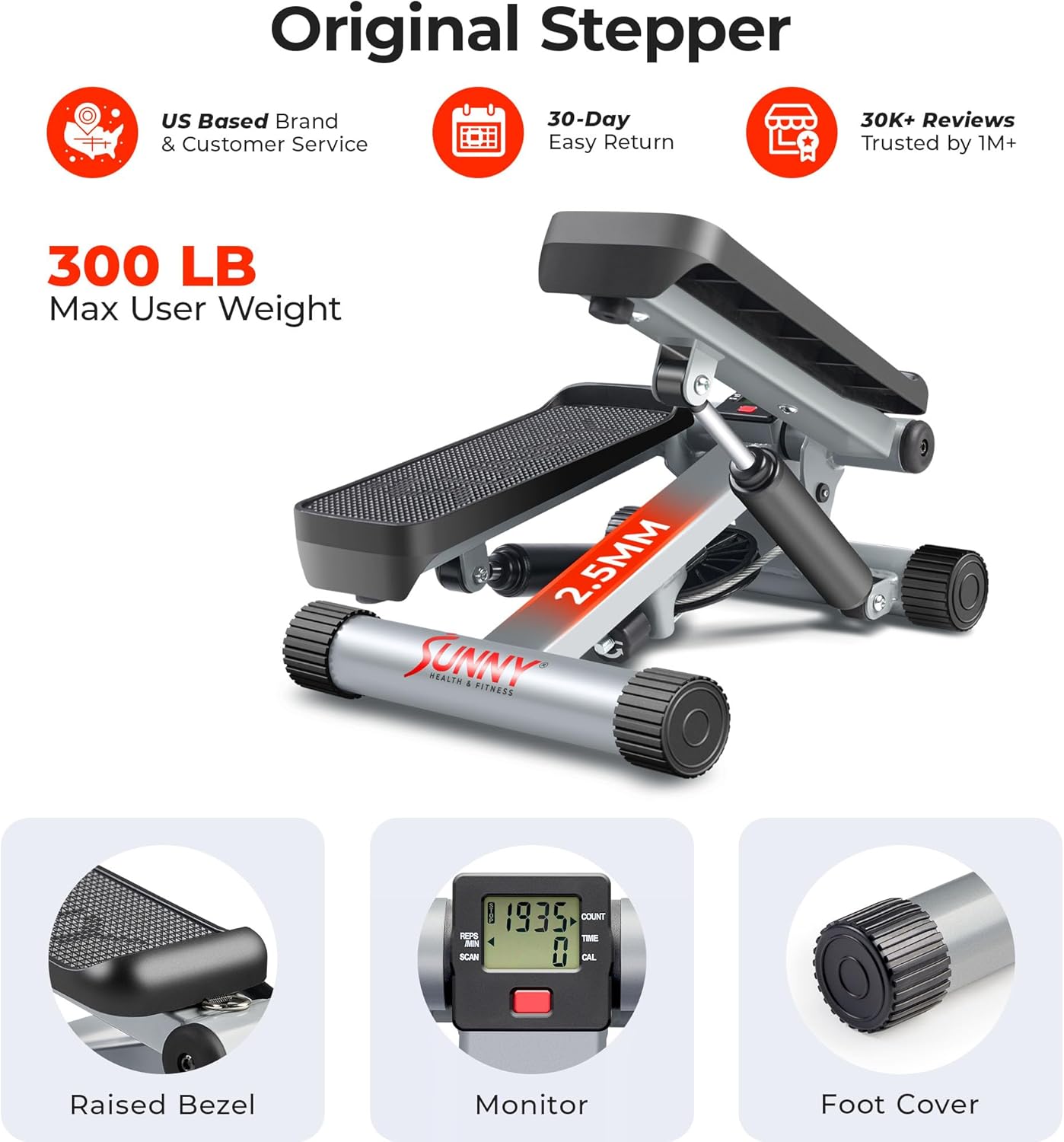 Sunny Health & Fitness Mini Stepper - Full Body Cardio Workout Machine with Resistance Bands & App Connection