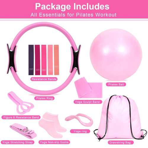 Wpolzie Home Pilates Essentials Kit for Women, Pilates Kit for Home Workouts, Pilates Equipment with Figure 8 Resistance Band, 14" Magic Circle, Yoga Ring, Pilates Accessories Set for Starter Workout