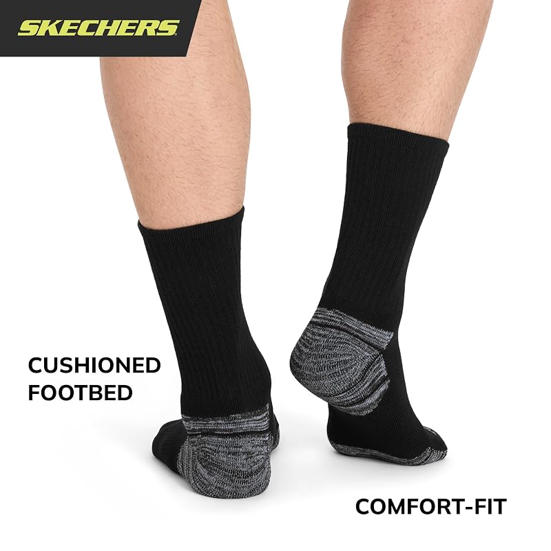 Skechers Men's Cushioned Crew Socks 6-Pack - Black/White, Size 10-13