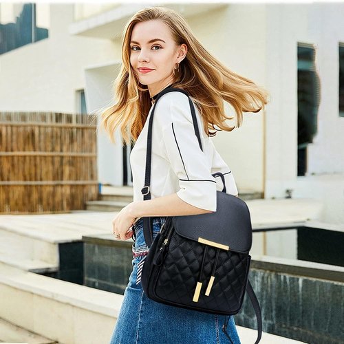 KKXIU Quilted Leather Backpack Purse - Stylish Travel Daypack for Women | Black Color