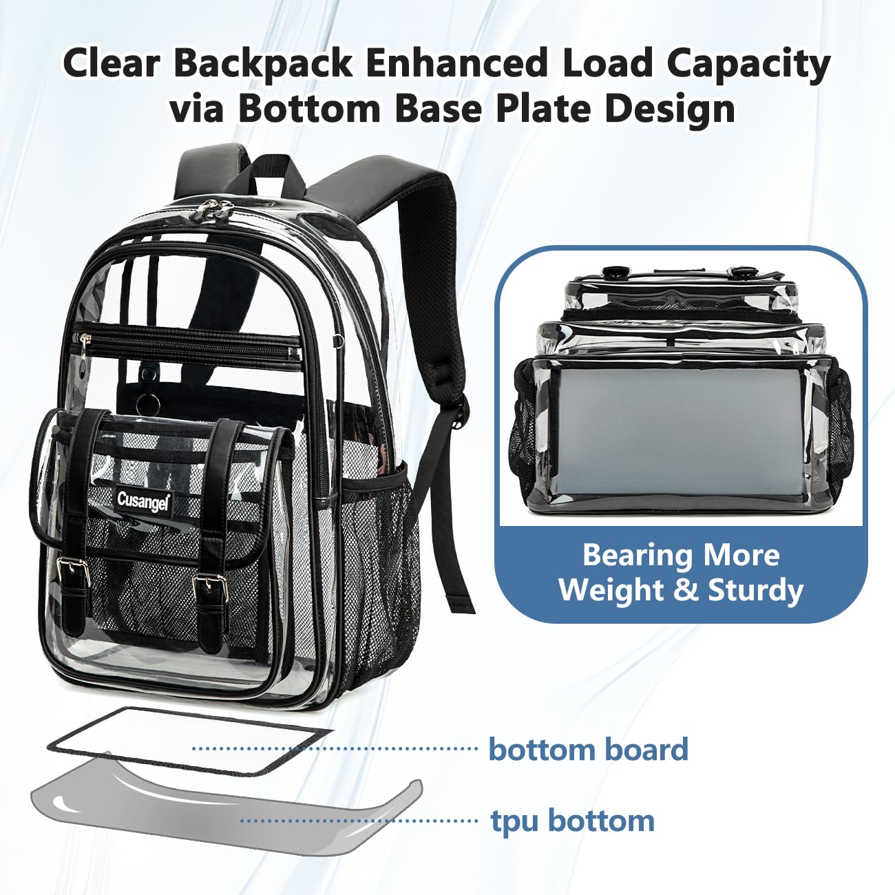 Cusangel TPU Clear backpack for Girls women,18" See Through Heavy Duty Bookbag,warehouses, school and other security check locations (Black)
