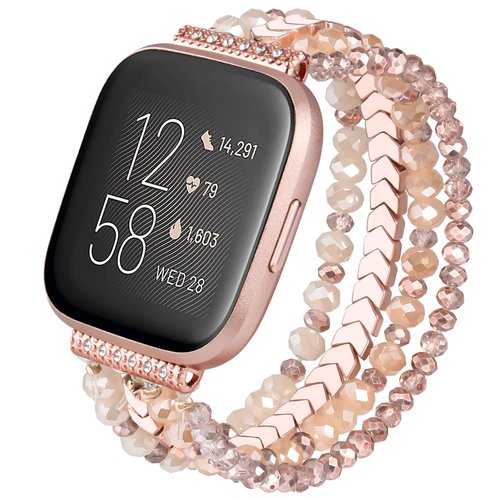 CAGOS Bracelet Compatible with Fitbit Versa 1/2/Versa Lite for Women, Handmade Beaded Elastic Replacement Wristband for Versa 2/1/Lite Watch/Special Edition Watch Rose Gold