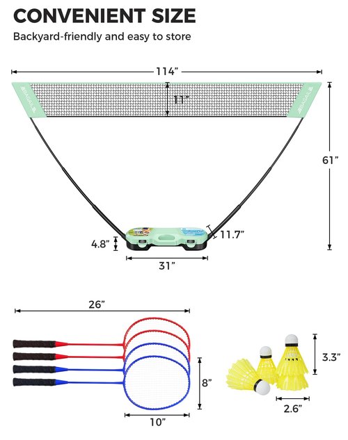BAGAIL Portable Badminton Net Set, Pop-Up Net with Carry Case, Complete 4 Racket Set for Backyard, Park & Beach Games, Quick Setup Indoor Outdoor Sports Equipment for Backyard Fun