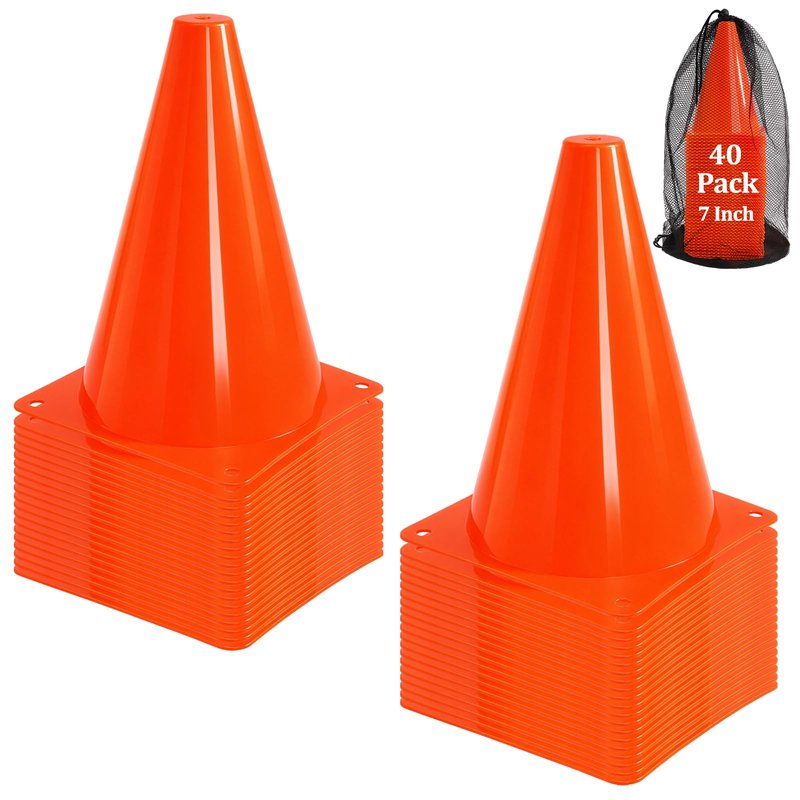 Faswin 40 Pack Plastic Training Cones, 7 Inch Plastic Soccer Cones, Agility Marker Cone Traffic Cone for Basketball, Football, Skating Drills Practice, Indoor and Outdoor Games