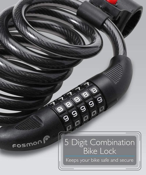 Fosmon Heavy-Duty Bike Lock Cable - 6 Feet Self-Coiling 5-Digit Resettable Combination Lock | Black