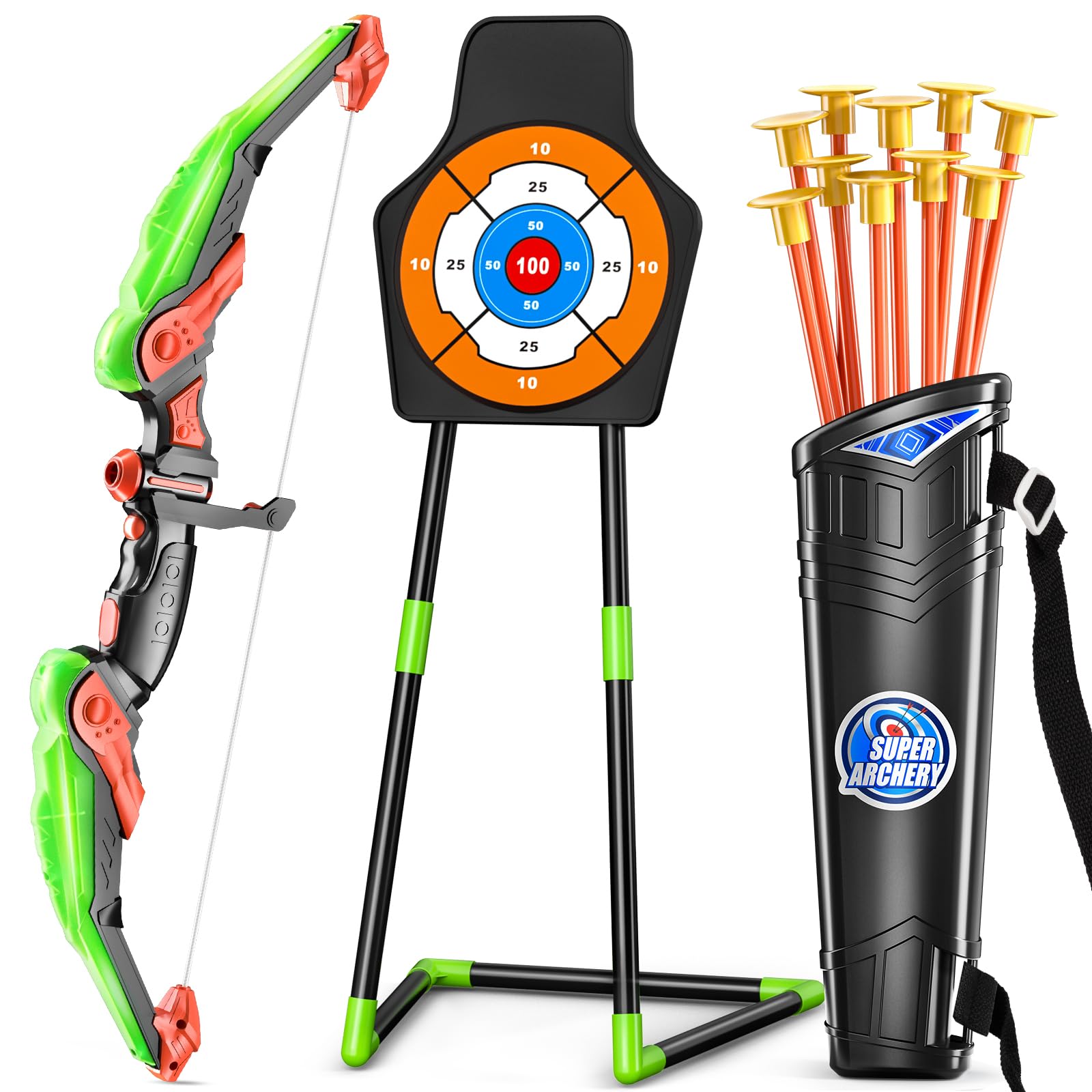 TEMI Bow and Arrow Set for Kids 4-8,Kids Archery Set with LED Lights Includes 10 Suction Cup Arrows, Quivers & Standing Target, Outdoor Toys for Boys & Girls Ages 3-12 Years Old