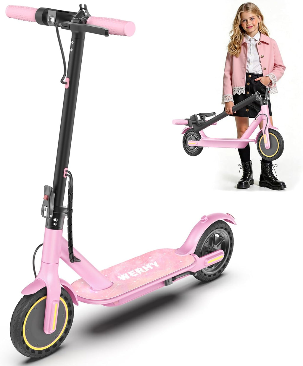 WERHY Foldable Kids Electric Scooter - 350W Motor, 12/16 Miles Range, 19 MPH Speed, Lightweight Design