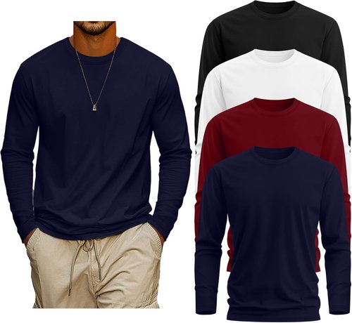 Neer Men's Big & Tall Cotton Long Sleeve Crewneck Shirts - 4 Pack Casual Tees in Plus Sizes