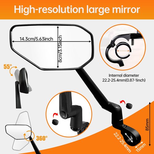 Homieway Bike Mirror, New Foldable Bicycle Mirror for Handlebar, 360° Adjustable Bar End Rear View Mirrors for E-bike, Mountain Bike, City Bikes & Scooter (Left 0.87-1")