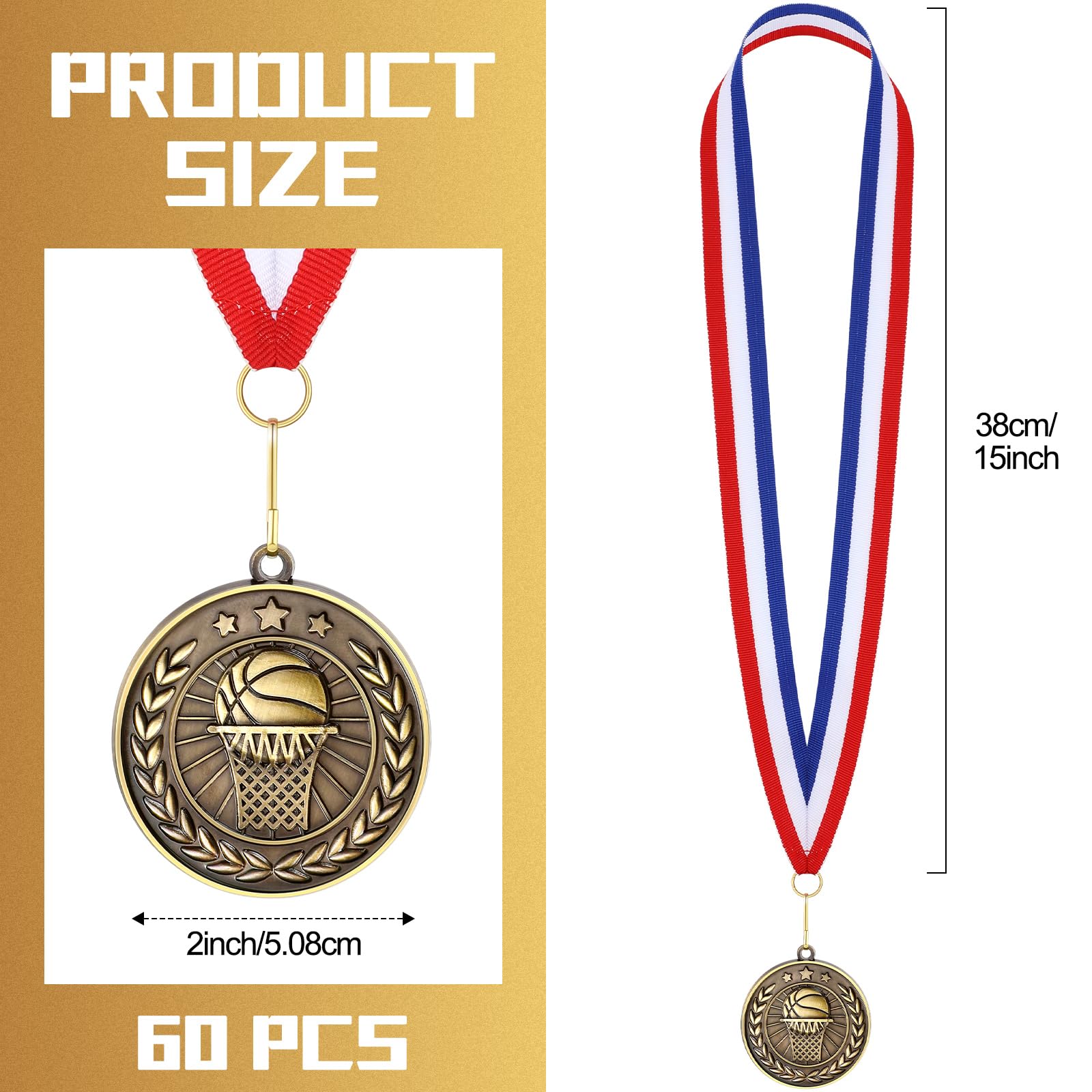 Loetere 60 Pcs Sports Award Medals Bulk 2 Inch Bronze Trophies with Neck Ribbons Football Basketball Baseball Soccer Cheerlead Winner Medal for Team Gift Sport Party Games Prize Supply(Basketball)
