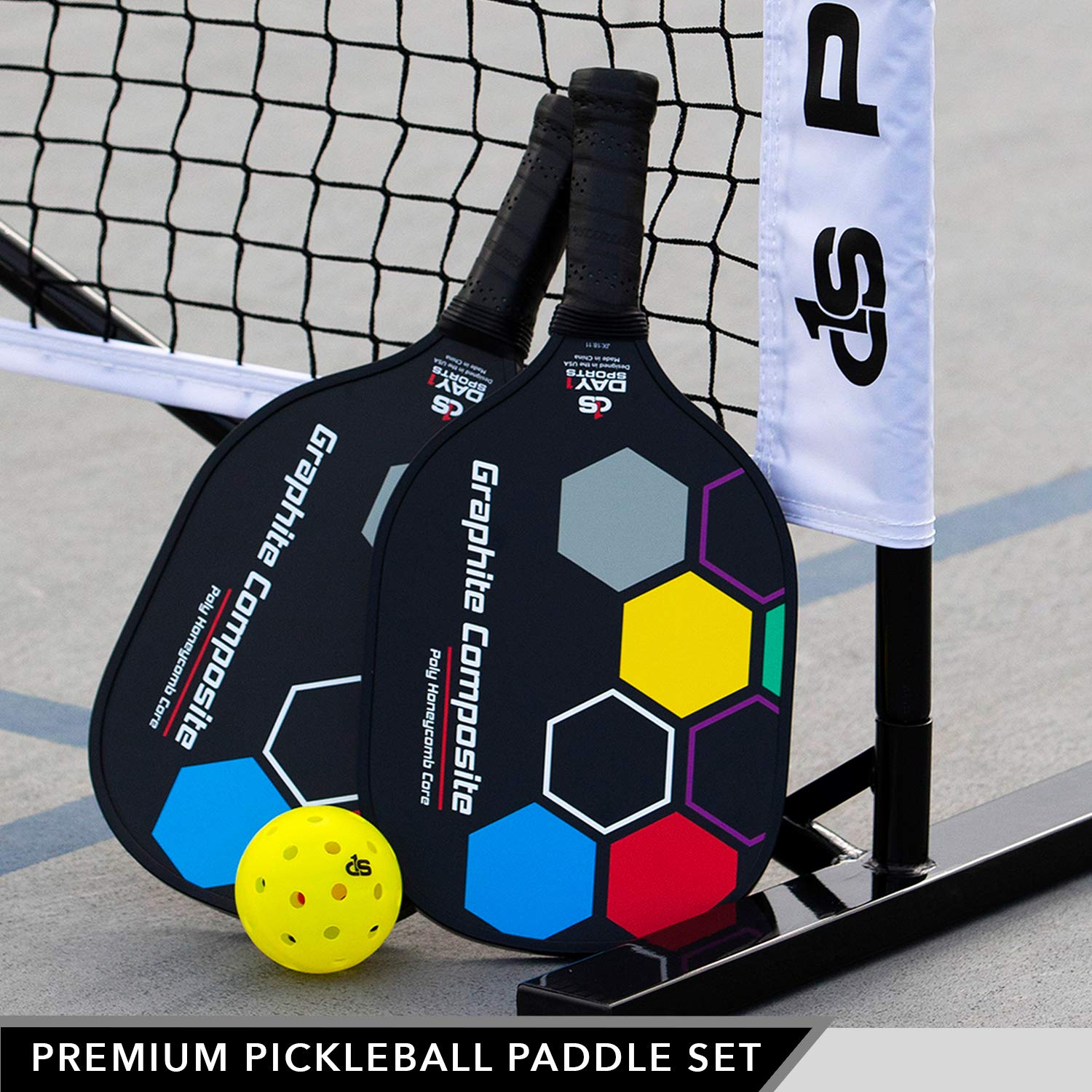 Premium Pickleball Set – 2 Paddle Set with Mesh Carry Bag, 4 Balls by Day 1 Sports - Durable Pickle Ball Paddles with Cushion Comfort Grip and Accessories - Graphite-Face Racquets, Pickleballs