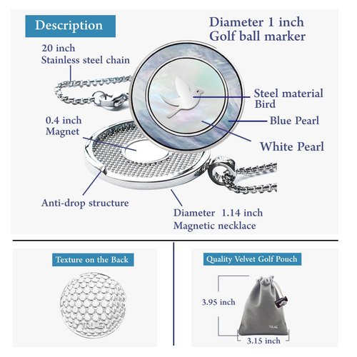 E TRUEE Golf Ball Marker Necklace with Pearl Ball Marker, Golf Accessories, Golf Gifts, Golf Ball Markers for Women