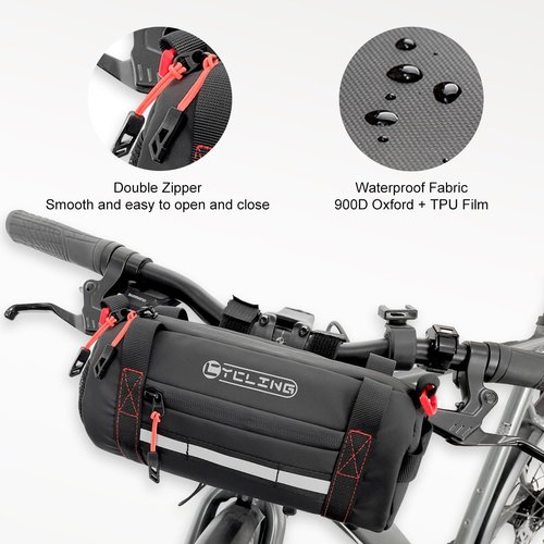 Danuosie Bike Handlebar Bag, Waterproof Bicycle Front Roll Bag with Reflective Area, Cycling Storage Pouch with Waterproof Zipper Shoulder Strap Removable Straps for Road Mountain E-Bikes