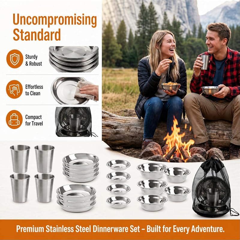 Stainless Steel Camping Dinnerware Set for 4-6 | 26-Piece Mess Kit with Plates, Bowls, Cups & Carry Mesh Bag