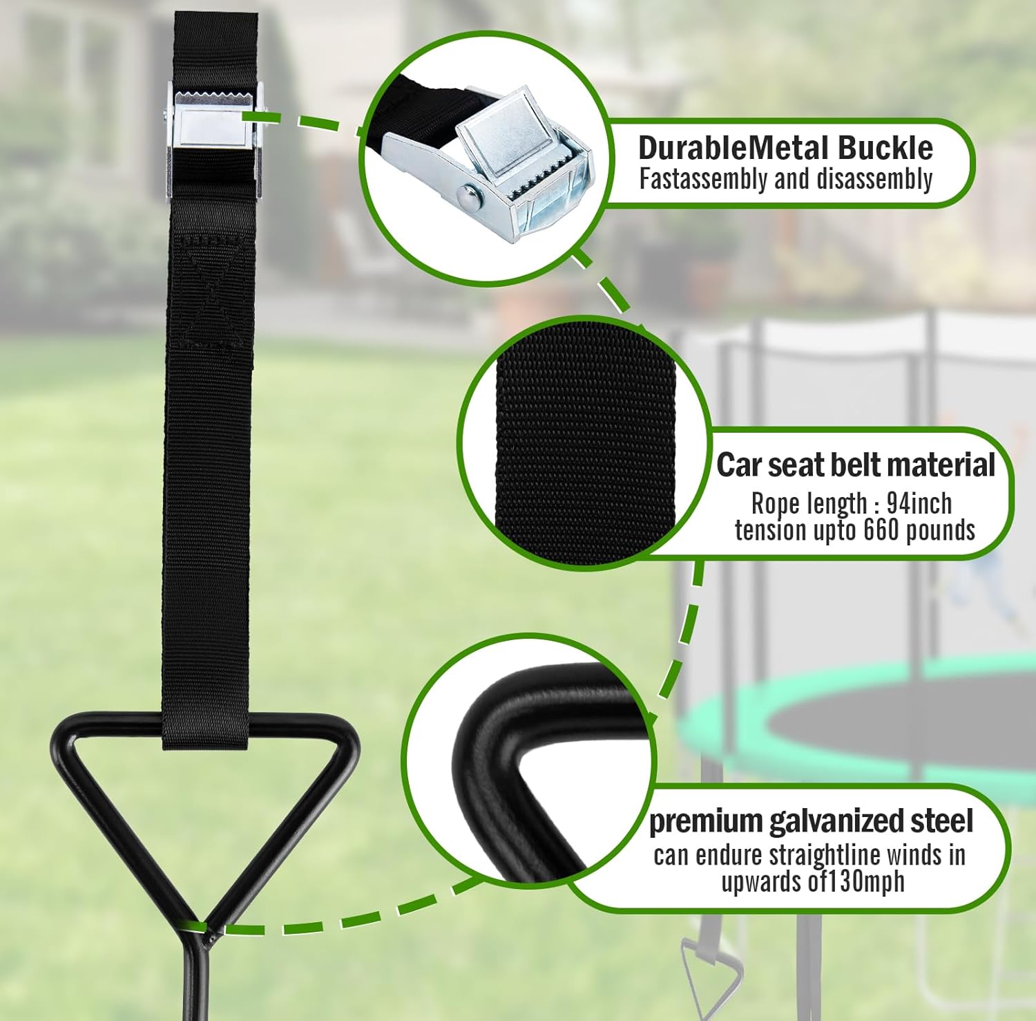 Trampoline Tie Down Anchor Kit by [Brand Name] - Heavy-Duty Steel Stakes for High Wind | Set of 4