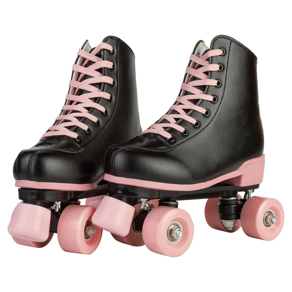 XUDREZ Roller Skates for Girls, Black PU Leather with Pink Light Up Wheels, Indoor Outdoor, Size 37-US Women 6, Youth 5