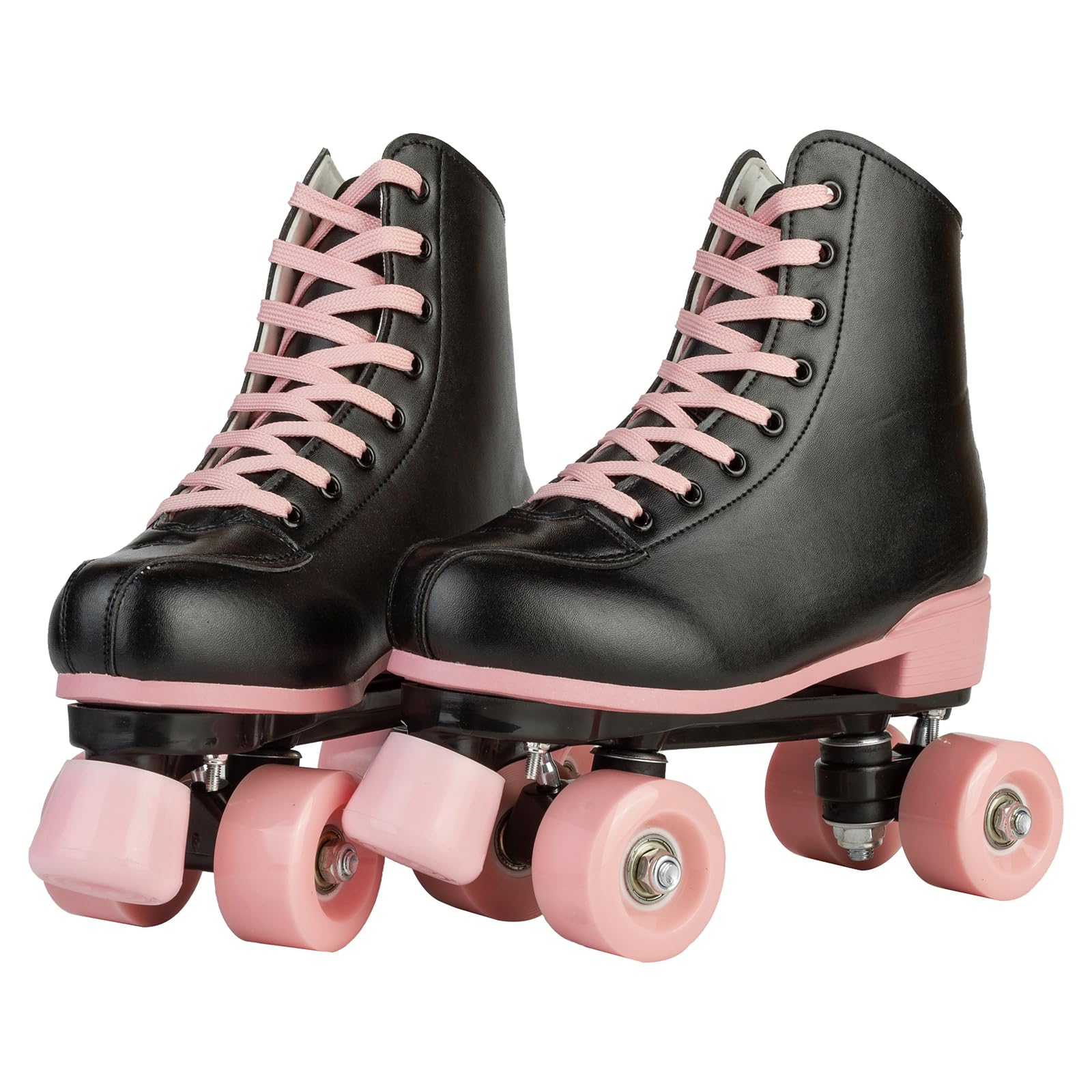 XUDREZ Roller Skates for Girls, Black PU Leather with Pink Light Up Wheels, Indoor Outdoor, Size 37-US Women 6, Youth 5