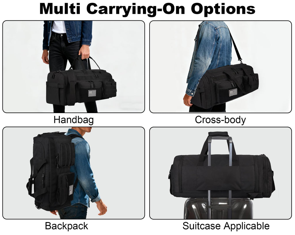 LHI 50L Tactical Duffle Bag for Men, 3-in-1 Gym Duffle and Backpack, Shoe Compartment, Laptop Sleeve and MOLLE, Carry-On Travel Weekender and Overnight Bag – Black