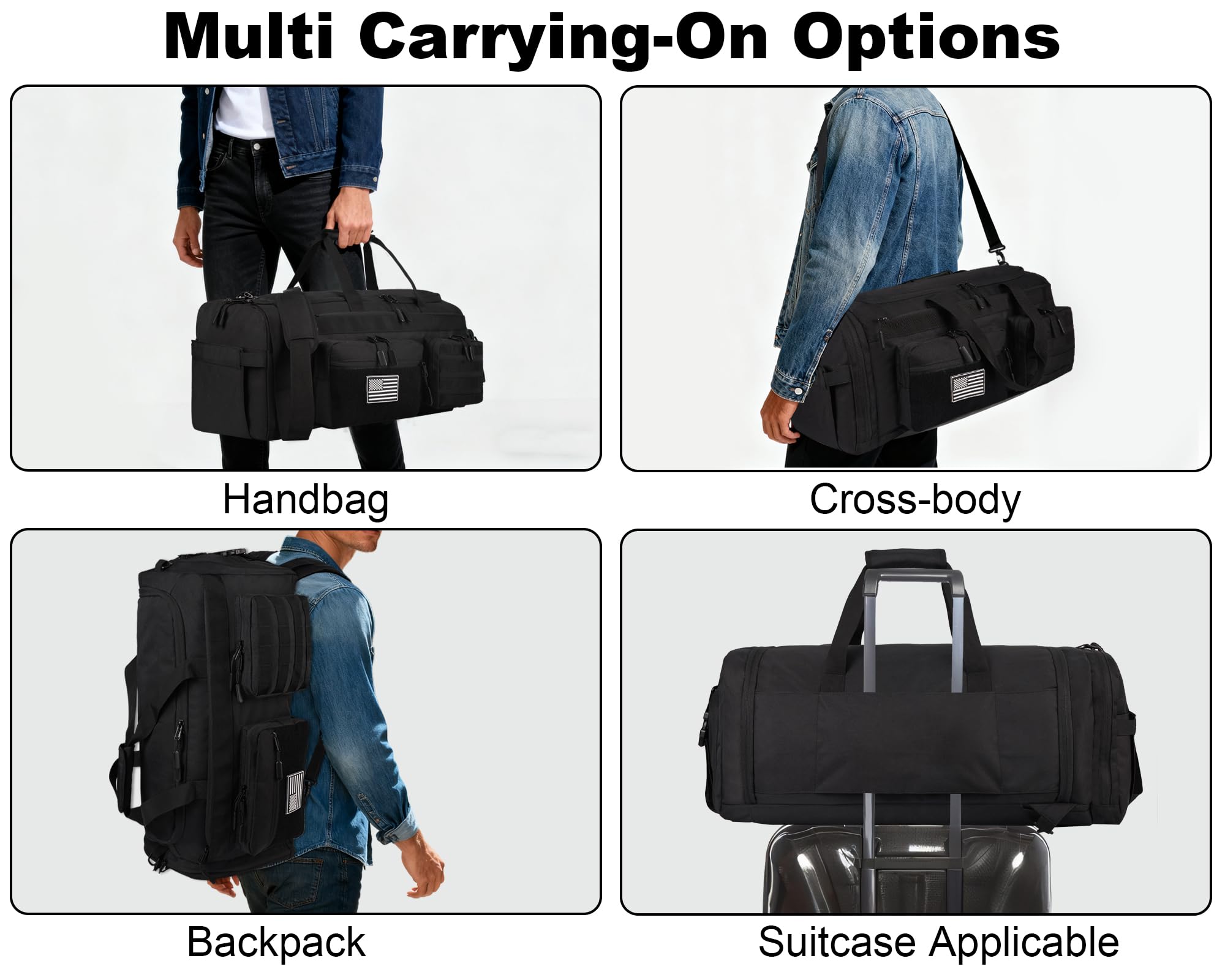 LHI 50L Tactical Duffle Bag for Men, 3-in-1 Gym Duffle and Backpack, Shoe Compartment, Laptop Sleeve and MOLLE, Carry-On Travel Weekender and Overnight Bag – Black