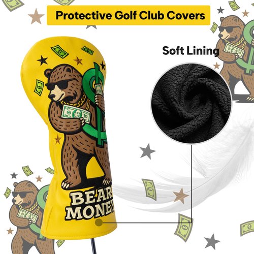 Golf Club Cover Exquisite Embroidery Dollar Bears Driver Covers Fariway Wood Headcover Hybrid Cover Leather Golf Headcovers for Men Women Gift(for Hybrid)