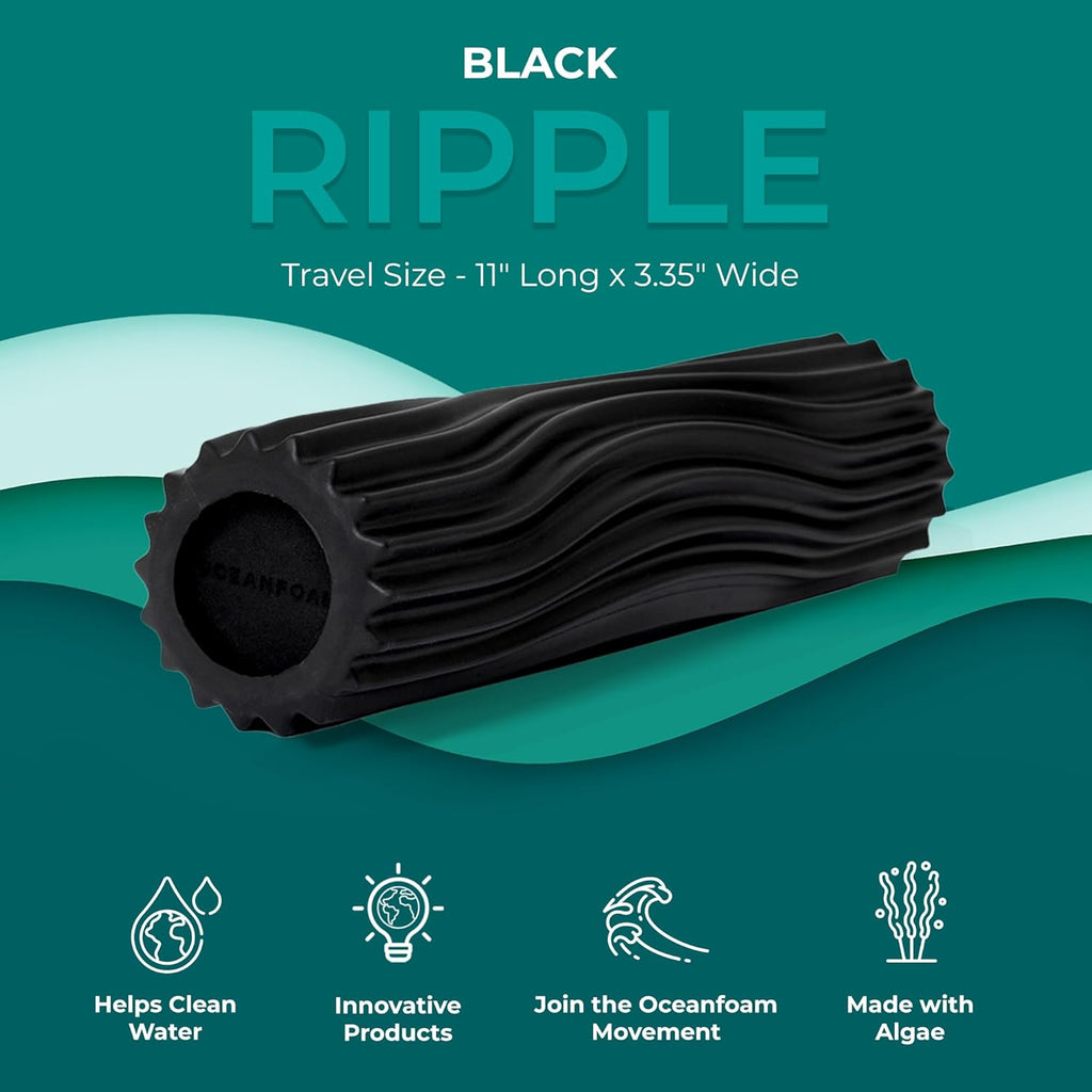Oceanfoam Ripple Foam Roller - Firm Mini Travel Roller for Deep Tissue Massage | 11" x 3.35" - High Density, Ergonomic Design (Black)