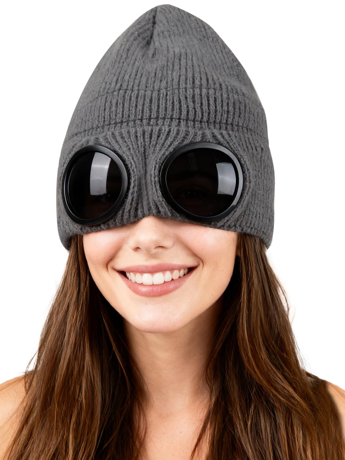 Vettres Unisex Winter Beanie with Fixed Goggles, Double-Layer Knit Hat with Soft Fleece Lining, Warm Windproof Skull Cap Dark Gray