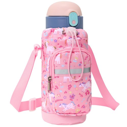 BrainyBees Water Bottle Holder for Kids - Water Bottle Carrier with Zipper Pocket & Strap, Crossbody Sling Bag Fits 10-18 oz, Protective Sleeve for School Hiking, Pink Unicorn