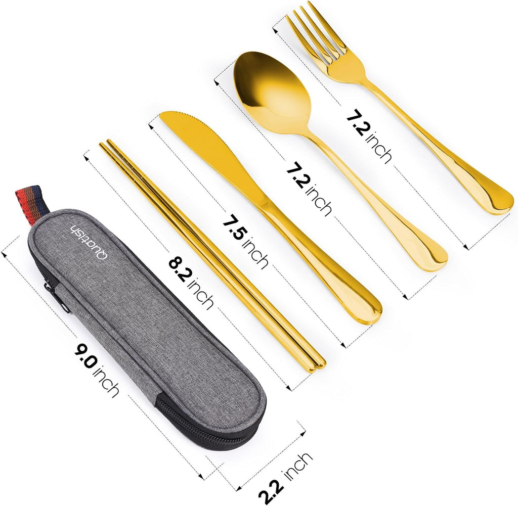 Quatish Portable Travel Utensils Set - Stainless Steel Silverware with Case | Reusable Fork & Spoon for Camping, Picnics, Lunch Boxes, Gold