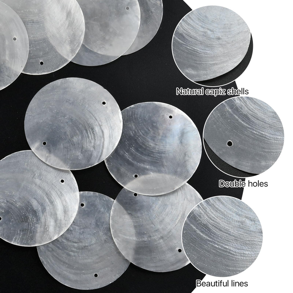 Elesunory Round Capiz Shells, 200 Pcs Capiz Shells and 100 Pcs Shell Garland Strings Bulk with 2 Holes, 2” Blank Shell Pendants for Wedding Home Decor Birthday Party DIY Craft Hanging