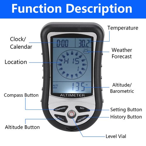 Digital Altimeter, Digital Compass, Hiking Thermometer, Timer & Backlight, 8 in 1 Hand-Hold Barometer for Mountaineering Outside 2300 to 29500FT 1100MBAR, 300mbar to 1100mbar