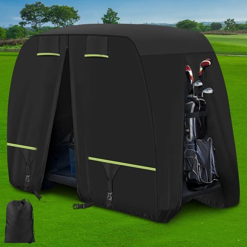 Golf Cart Cover Fits EZGO, Club Car, Yamaha Most 4 Passenger/ 2 Passenger Golf Cart, Upgrade Reflective Strips/ Two Windproof Straps/ Three Sides Zipper Opening/ Four Air Vents, All Weather Protection