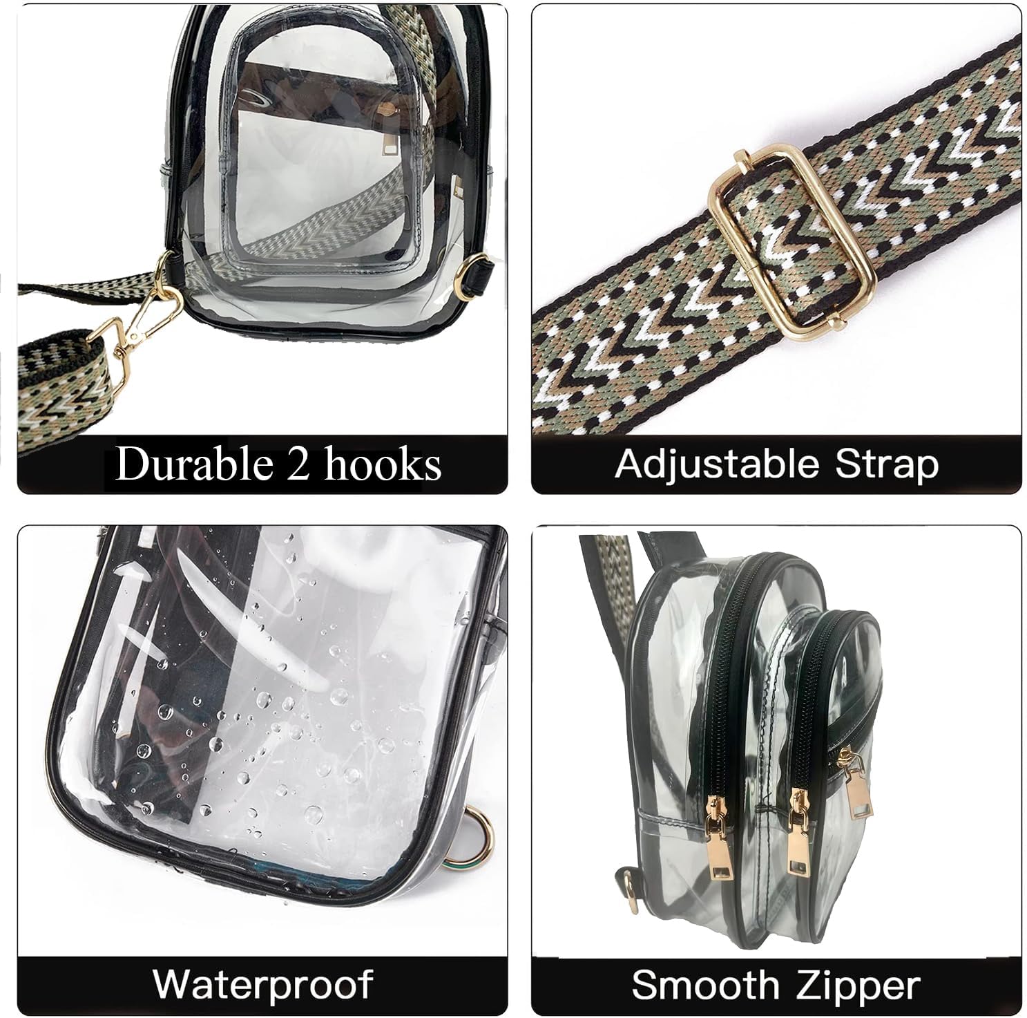 Skiennix Clear Stadium Bag - 3 Pocket Crossbody Sling Backpack | Transparent Concert Fanny Pack