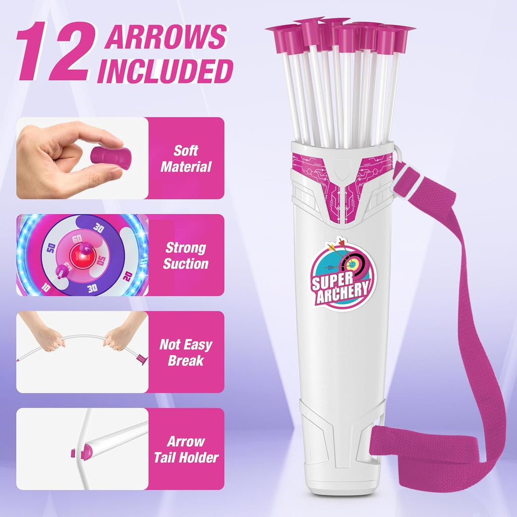 Skiennix LED Light Up Unicorn Bow and Arrow Set - 12 Suction Cup Arrows & Glow Target for Kids Ages 4-12