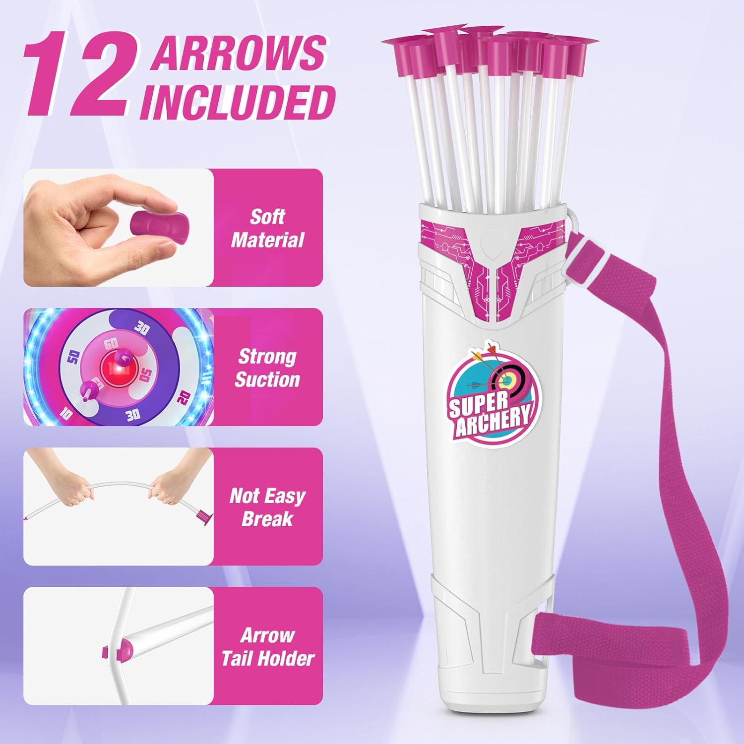 Skiennix LED Light Up Unicorn Bow and Arrow Set - 12 Suction Cup Arrows & Glow Target for Kids Ages 4-12