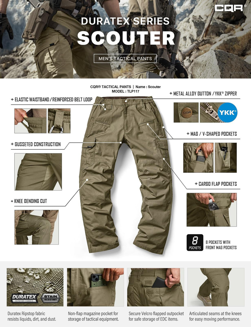 CQR Men's Tactical Pants, Water Resistant Ripstop Cargo Pants, Lightweight EDC Work Hiking Pants, Outdoor Apparel, Raider Soil Green, 32W x 30L