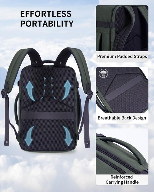 ECOHUB 17" Small Travel Backpack, United Airlines Personal Item Bag 17x10x9 with 16 Pockets, Water Resistant Rucksacks Fit 15.6" Laptop, AirTag Pocket, Lightweight Casual Daypack, 25L, Green