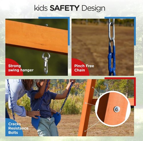 Dolphin Playground Wooden Swing Set - Outdoor DIY Swing for Kids with Trapeze Bar & 2 Belt Swings