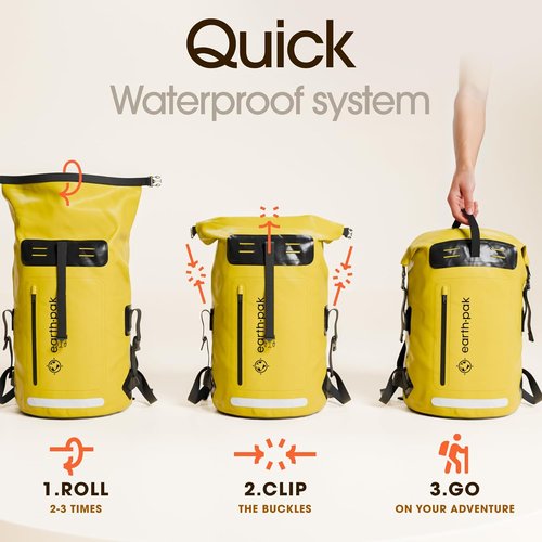 Earth Pak Waterproof Backpack - Heavy-Duty Roll-Top Hiking Bag with Cushioned Phone Case