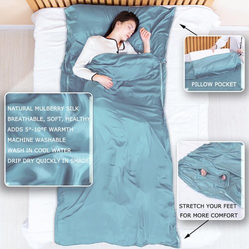Exermil 100% Silk Sleep Sack with Zippers on 3 Sides, 87”x43” Large Sleeping Liners for Hotels, Travel & Camping, Multifunctional Travel Sheets (Unzipped:87”x87”) for Adults, Lightweight, All Seasons