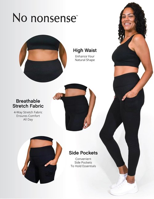 No Nonsense Women's Workout Leggings - High Waist Tummy Control with Pockets | Athletic Yoga Pants