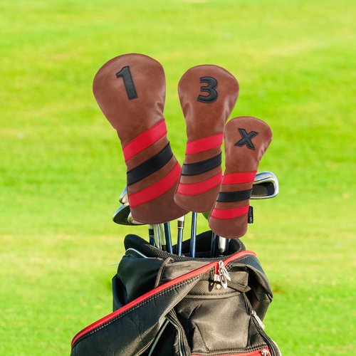 Forenee Golf Club Head Covers for Fairway Wood Hybrid, 3 Pack Brown Golf Accessories, Diver Headcover Set Numbered 1,3,X, PU Leather Exterior & Plush Lined for Extra Protection