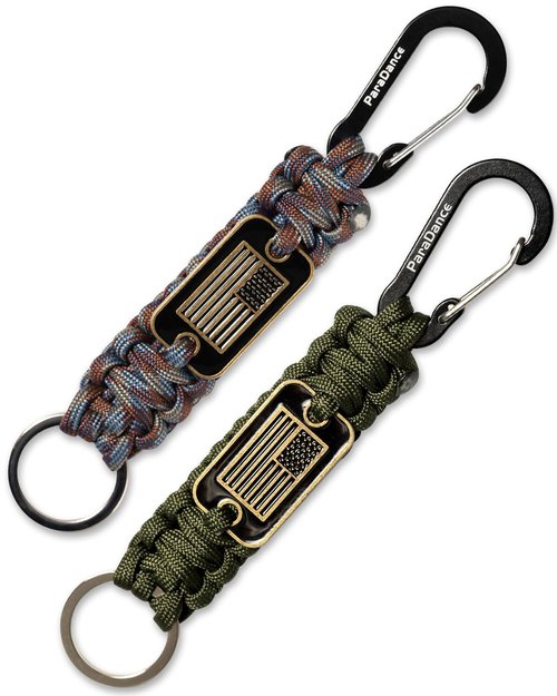 Paracord Keychain Carabiner with Cool USA Flag Men/Women, Military Braided Key Chain with Hook Clip Ring, Heavy Duty Key Lanyard for Car Keys/Backpack, Camping Hiking, 2-Pcs (Green & Camo)