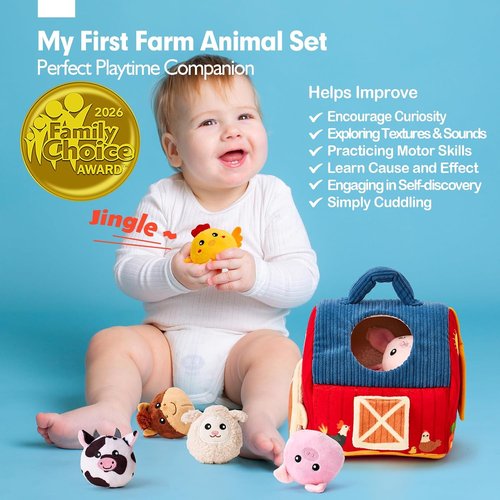 Hahaland Baby Toys - Surprise Barn Stuffed Farm Animals | Rattle, Crinkle & Mirror for 6-12 Months