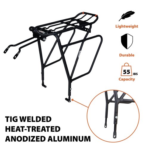 Ibera Bike Rack - Bicycle Touring Carrier Plus+ for Disc Brake Mount, Frame-Mounted for Heavier Top & Side Loads, Height Adjustable for 26"-29" Frames